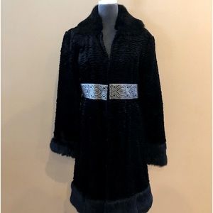 Shearling and rabbit fur trim coat. Gorgeous! Silver trim detail at the waist.